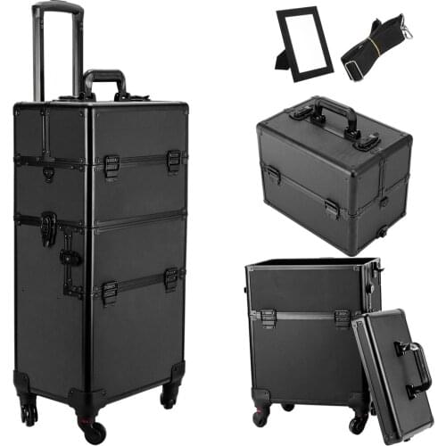 3 in 1 4 Black Wheel Pro Aluminum Rolling Makeup Cosmetic Train Case Lockable Wheeled Box 190813215