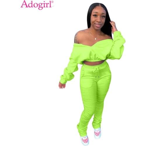 Adogirl Women Fashion Casual Two Piece Set Off Shoulder Ruched Long Sleeve Batwing Shirt Crop Top Stacked Pants Suit Outfits