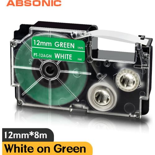 White on Green Label Tape Replacement Casio Label Printer XR-12AGN 12mm*8m Label Cassette Label Maker for Casio KL2000 Labeller