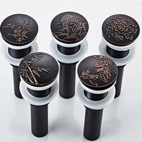 Balck Carved Drainer Without Overflow Brass Bathroom Lavatory Sink Pop Up Drain Bath Basin Sink Stainer Bathroom Accessories