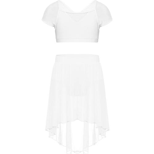 Kids Girls Gymnastics Outfit Splice Cap Sleeves Ballet Dance Crop Top with Mesh Skirt Outfit Children Ballet Class Exercise Set