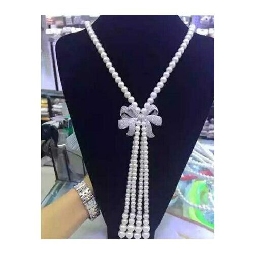 Free shipping Long bow sweater chain 8mm lapis lazuli 8-9mm pearl necklace bow tassel CZ Pendant 925 silver