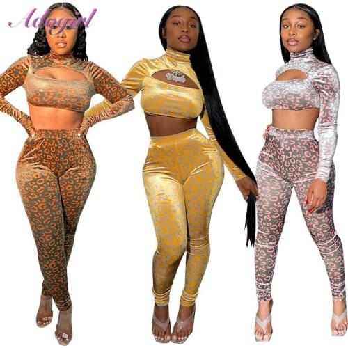 Women Party Club Workout Two Piece Sets Causal Sexy Leopard Print Long Sleeve Turtleneck Crop Tops Pants Suit Street Tracksuit