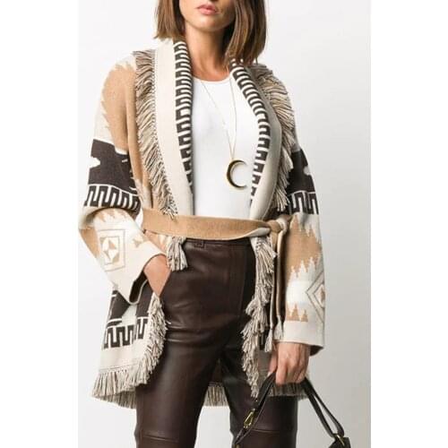 Jastie Womens Sweater Cardigan 2021 Stitching Pattern Lapel Decorative Tassels Female Cardigan Lace-Up Western Wool Sweater