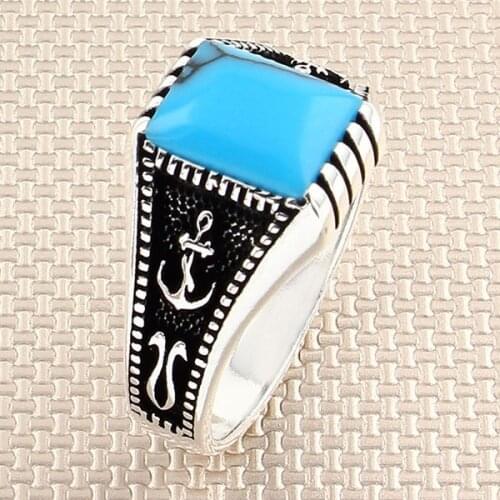 Dished Square Blue Raw Turquoise Mini Stone Men Silver Ring With Anchor Motif Made in Turkey Solid 925 Sterling Silver