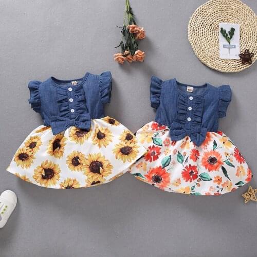 Toddler Baby Girls Summer Dress 2021 Infant Baby Girls No Sleeve Ruffle Denim Patchwork Floral Princess Dress Casual Princess