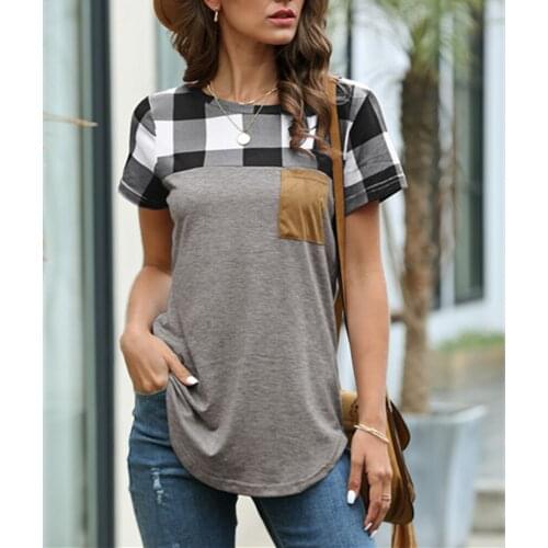 Summer Casual T-shirt Female Cotton Tee Pocket T Shirt Women Plaid Short Sleeve Summer Raglan Sleeve Tee Shirts Women