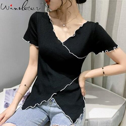 Summer 2021 Korean Clothes Knit T-Shirt Fashion Cross V-Neck Ruffles Irregularity Women Tops Short Sleeve Tshirts Tees T13403A