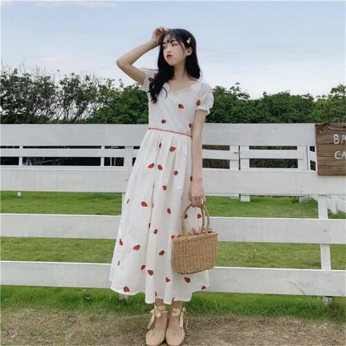 Sweet Girls Dress High Waist Lace Collar Strawberry Embroidery Dress Long Summer Chic Midi Party Dress Oversized Vestidos f803