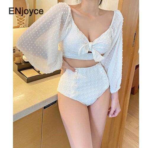 Trendy Bikini Two Piece Set 2021 Sexy Long Sleeve Swimsuit Women Swimwear Swimming Bathing Suit White Beach Wear Summer New