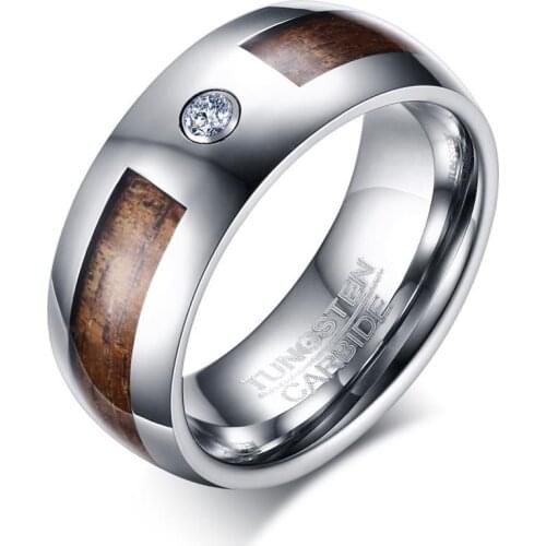 POYA 8mm Wood Inlay Tungsten Ring Mens Wedding Band with CZ Comfort Fit