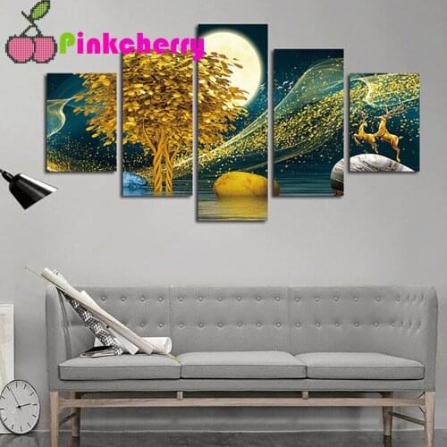 Full Square Round Drill 5D DIY Diamond Painting Golden Tree Deer Moon 3D Diamond Embroidery Cross Stitch 5 Piece Set,k1644
