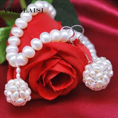 YIKALAISI 2017 100% Natural 8-9 mm Freshwater 925 sterling silver pearl Jewelry Sets Necklace Drop Earrings Jewelry for women