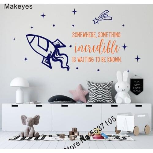 Makeyes Rocket Ship Wall Decals Baby Bedroom Wall Sticker Outer Space Wall Decor Design Wall Murals Stars Boys Room Decals Q749
