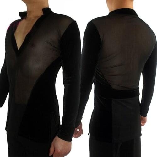 New Men Latin Dance Competition Shirt 2019 Male Sexy Gauze Tops Professional Stage Costume Ice Skating Performance Shirts VDB847