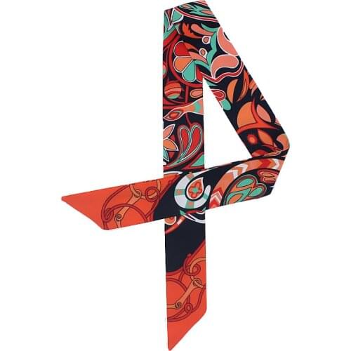 POBING New Design Leaves Chain Print Silk Scarf Women Head Scarf Brand Small Tie Handle Bag Ribbon Long Scarves Wraps 100*5CM