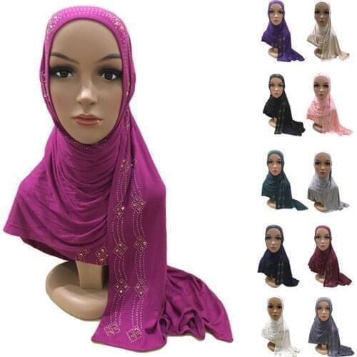 One Piece Ramadan Muslim Women Prayer Rhinestone Cotton Amira Long Scarf Shawl Hijab Head Wrap Headscarf Cover Turban 160*50cm