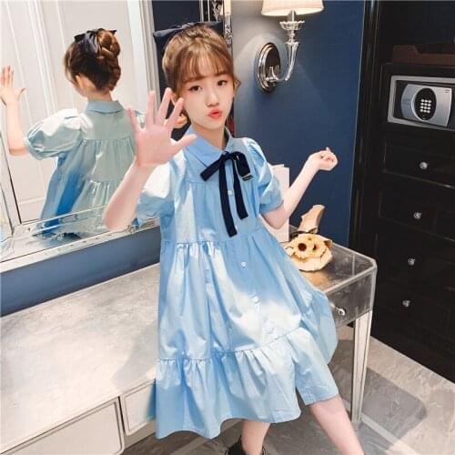 Student Puff Sleeve Splicing Dress Teen Girls Sweet Bow Princess Dress Childrens New Summer Loose Dress