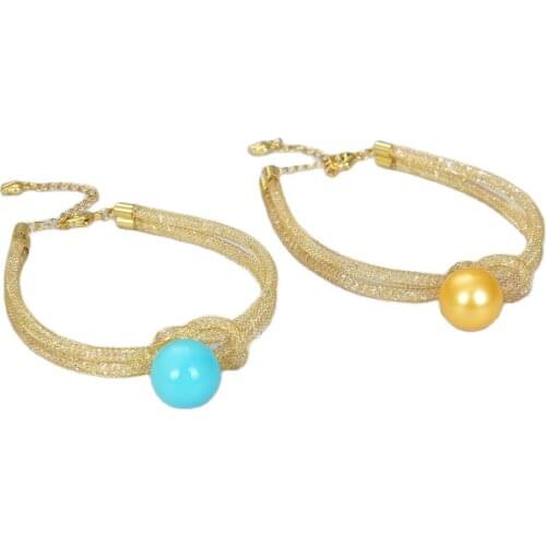 JK Gold Plated Loop Bracelet 14mm Golden Blue Shell Pearl Bangle For Women