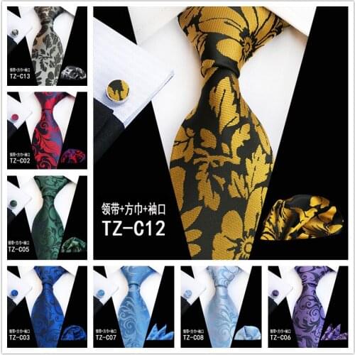 8CM Luxury Men Silk Ties Set Unique Paisley Floral Pattern Necktie Sets with Handkerchief Cufflink for Wedding Banquet