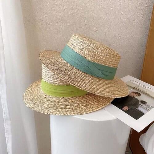 2021 New Flat Top Color Ribbon Summer Sun Visor Hats For Women Fashion Natural Straw Hat Elegant Lady Wide Brim Panama Beach Hat