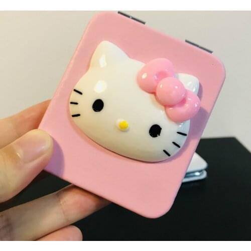 Folding Portable Cartoon Makeup Mirror Kitty Mirrors PU Leather Mini Mirror Kawaii Makeup Decor Kitty Cat Small Mirror Pink