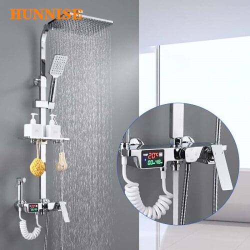 Bathroom Shower Faucet Digital Bath Shower Mixer Set Solid Brass Bathtub Faucet Luxury Polished Chrome Thermostatic Shower Set