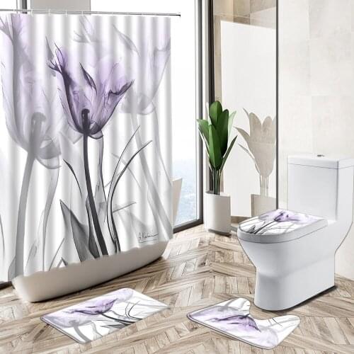 Color Tulip Flower Printed Shower Curtain 3D Transparent Creative Design Non-Slip Pedestal Rug Toilet Cover Bathroom Deco Set