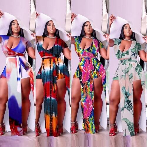 Women Plus Size 2XL-5XL Sexy Clubwear Two Pieces 2021 Summer Deep V-neck Crop Tops High Waist Lace-up Split Skirts Sets