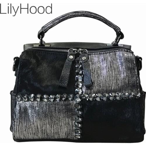 Lady 2021 Fashion Artificial Leather Horse Fur Handbag with Wide Belt Women Designer Diamonds Patchwork Boston Messenger Bag