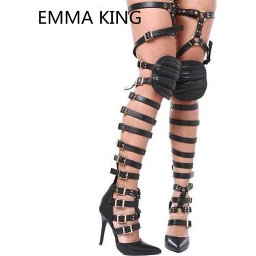 2019 New Leather Hollow Women Summer Over The Knee Boots Pointed Toe Sexy High Heels Knight Style Ladies Gladiator Sandals Shoes