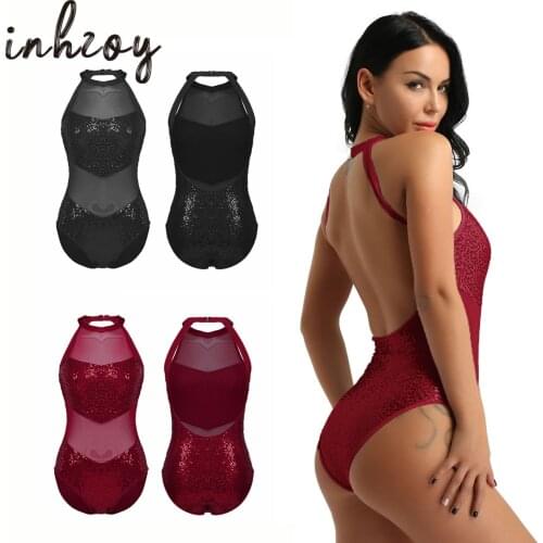 Women Halter Neck Sleeveless Backless Ballet Dance Leotard Sequin Mesh Adult Gymnastics Leotard Ballerina Bodysuit Swimwear