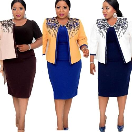 HGTE 4XL 5XL Africa Plus Size Womens Dress 2 PCS Sets Spring Autumn New Round Neck 3/4 Sleeve Pleated Dress Large Size Clothes