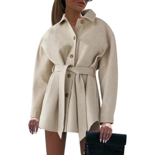 2020 Retro Womens Loose Wool Coat with Belt Long Sleeve Side Lapel Single Breasted Fashion Coat Chic Coat