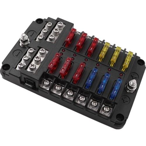 12 Way Plastic Cover Blade Block Fuse Box Holder 12V~24V Power With Warning Indicator For Car Boat Yacht Trike