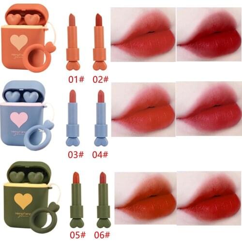 2pcs/set New Earphone Box Lip Gloss Set Matte Red Lipstick Long-lasting Not Easy To Fade Lip Tint Cute Makeup Cosmetics