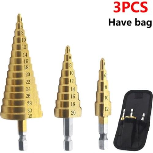3pcs Titanium Plated Triangular Shank Step Drill 4-12 4-20 4-32mm Drilling Power Tool Metal HSS Wooden Hole Conical Drill Bit