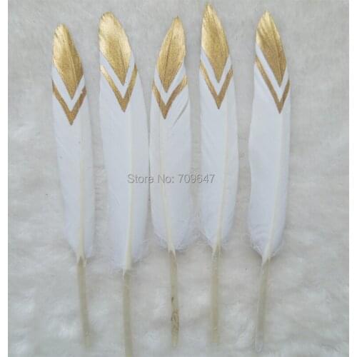 50pcs/lot!Gold Chevron Feather,Gold Dipped Feather,White natural goose feathers with hand painted chevron design on tips
