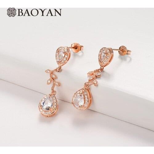 BAOYAN Fashion Sweet Clear CZ Crystal Tear Drop Leaf Stud Earrings Rose Gold Copper Wedding Bridal Jewelry Earrings For Women