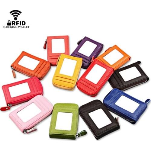 BISI GORO 2020 Unisex Genuine Leather Wallet Zipper Credit Card Holder ID And Card Case 11 Color Blocking Card Wallets With RFID