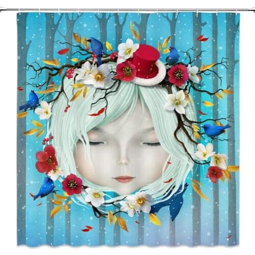 Cartoon Girl Flowers and Birds Bathroom Decor Shower Curtain