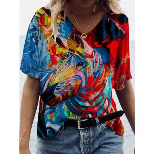 Women Abstract Printed Tops & T-Shirts V-neck Casual Short Sleeved Plus Size Loose Fashion Blouse