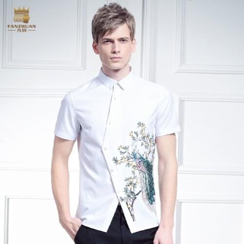 Fanzhuan Free shipping New male Summer casual fashion Mens white irregular design pattern printing shirt peacock 612056 blouse