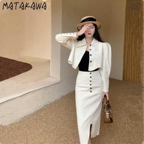 Matakawa Two Piece Set Women Thin Turn Down Collar Long Sleeve Jacekts+high Waist Slim Elegant Split Skirts Roupas Femininas