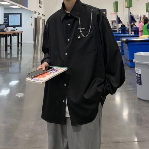 2021 Mens Black/White Color Chain Shirts Casual Loose Long Sleeve Top Fashion Shirts Streetwear Camisa Masculina Size M-2XL