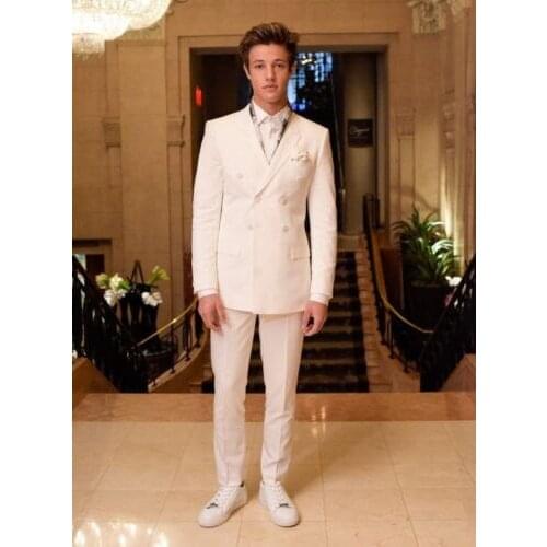 2020 New Custome Homme Ivory Double Breasted Suit Fashion Tuxedos Terno 3 Pieces Slim Fit (Jacket+Pants+Tie+Handkerchiefs)