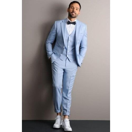 New Arrival Slim Fit Man Suit Sky Blue Peak Lapel Business Casual Tuxedo 3 Pcs(Jacket+Pant+Vest)Custom Made Wedding For Man Suit