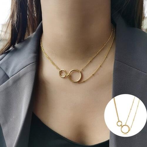 Double Circle Pendant Necklace For Women Unique Design Gold Color Stainless Steel Satellite Rolo Chain Fashion Jewelry LDN264