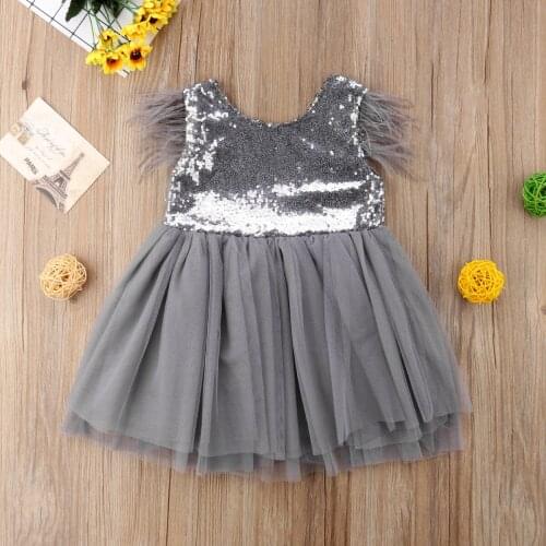 Sequins Dress For Girls Toddler Baby Girls Fur Feather Sleeveless Princess Dress Sequins Tutu Party Prom Wedding Dress