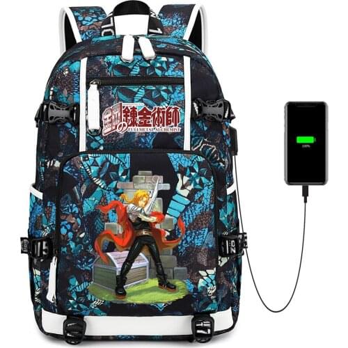 Anime Fullmetal Alchemist Backpack USB Charging Zip Casual School Bag Canvas Shoulder Bag Mochila Laptop Bag Travel Bag Rucksack
